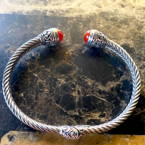Samuel Benham Jewelry - Samuel B. Sterling Silver 18K Gold with Coral Gemstones Hinged Cuff Bracelet